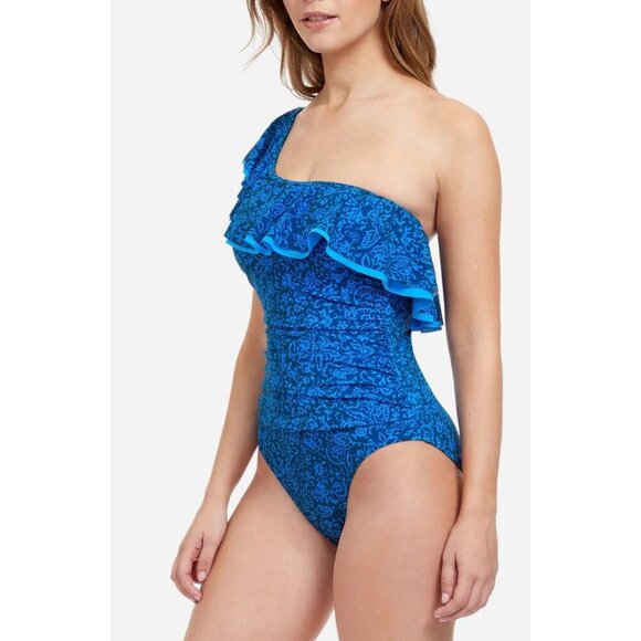 Profile By Gottex Petrol Blue Mehndi One Shoulder Ruffle Swimsuit Womens Size 14 - Picture 3 of 16